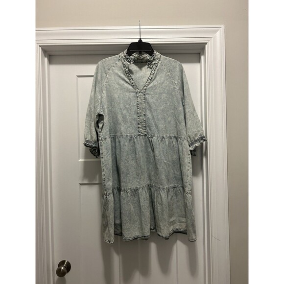 Acid Wash Retro Short Sleeve Flared Babydoll Style Denim Dress Ruffle Size XL - Picture 2 of 5